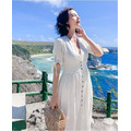 度假風清新女神款V領收腰長洋 S-XL_7