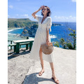 度假風清新女神款V領收腰長洋 S-XL_6