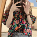 度假碎花一字領上衣3color_8