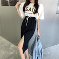 ins韓同款休閒字母T恤+鬆緊開岔半身裙2件套_6