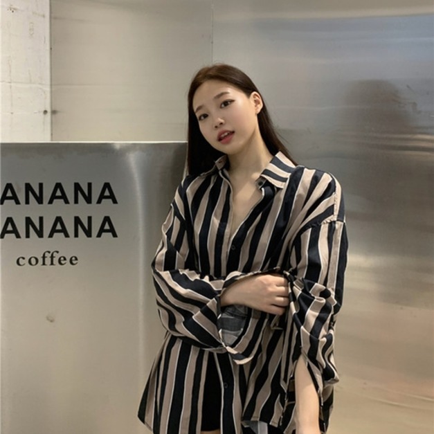 oversize寬鬆別緻長袖條紋襯衫