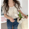 蕾絲甜美立體花朵網紗方領氣短款上衣_7