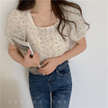 蕾絲甜美立體花朵網紗方領氣短款上衣_8