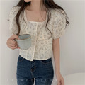 蕾絲甜美立體花朵網紗方領氣短款上衣_3