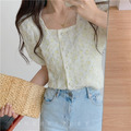 蕾絲甜美立體花朵網紗方領氣短款上衣_5