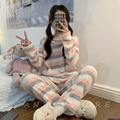 韓彩虹撞色珊瑚絨加厚保暖睡衣