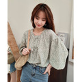 碎花新款甜美燈籠袖雪紡上衣S-L_1