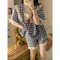 甜美方領蕾絲花邊拼接櫻桃格子居家服睡衣_5