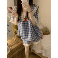 甜美方領蕾絲花邊拼接櫻桃格子居家服睡衣_3