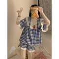 甜美方領蕾絲花邊拼接櫻桃格子居家服睡衣_4