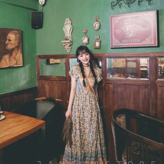 民族風印花收腰繫帶度假連衣裙3色