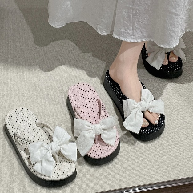 S208-Freeters蝴蝶結緞帶點點平底拖鞋 底高4cm