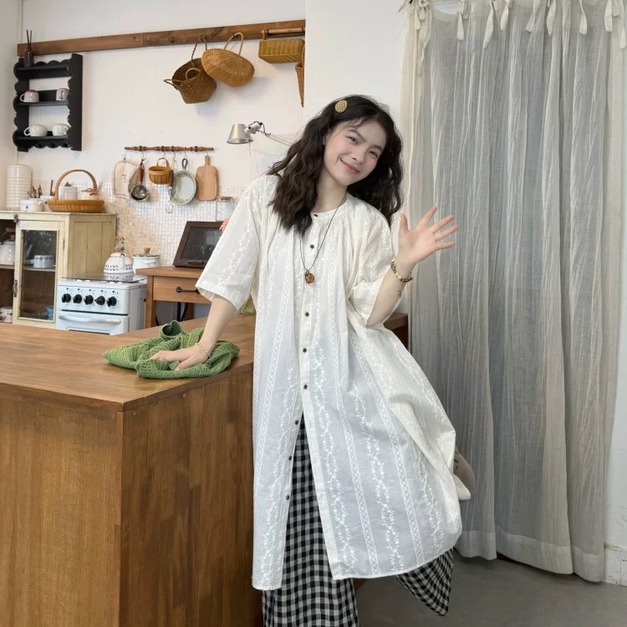 C397-Freeters長版圓領排釦刺繡襯衫+格紋闊腿休閒寬褲