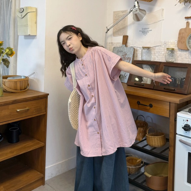 C398-Freeters藍莓圓領排釦格紋襯衫+縫線藍色牛仔闊腿休閒寬褲