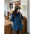 C399-Freeters藏青藍立領中長袖襯衫+復古棕色工裝口袋長裙_2