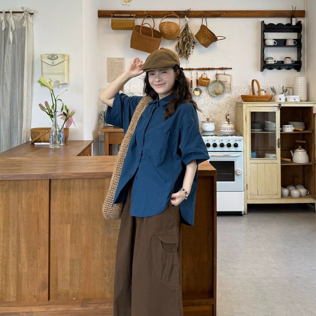 C399-Freeters藏青藍立領中長袖襯衫+復古棕色工裝口袋長裙