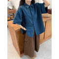 C399-Freeters藏青藍立領中長袖襯衫+復古棕色工裝口袋長裙_9