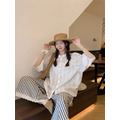 C410-Freeters木質排釦蓬蓬袖半袖上衣+條紋花朵滾邊寬鬆長褲_3