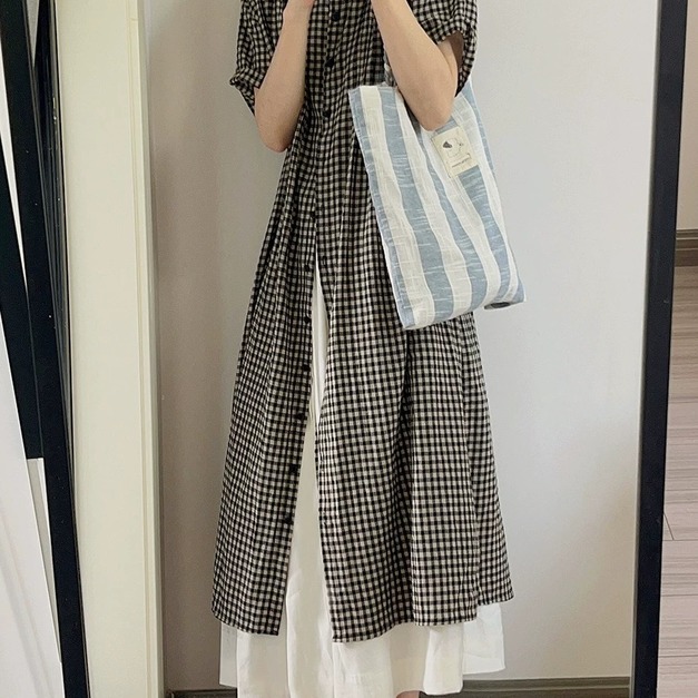 C417-Freeters短袖長版格紋襯衫連身裙+米色寬鬆舒服長裙