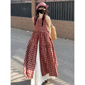C419-Freeters紅色格紋背心連身洋裝+白色花朵造型滾邊長裙_2