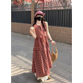 C419-Freeters紅色格紋背心連身洋裝+白色花朵造型滾邊長裙_4