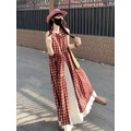 C419-Freeters紅色格紋背心連身洋裝+白色花朵造型滾邊長裙