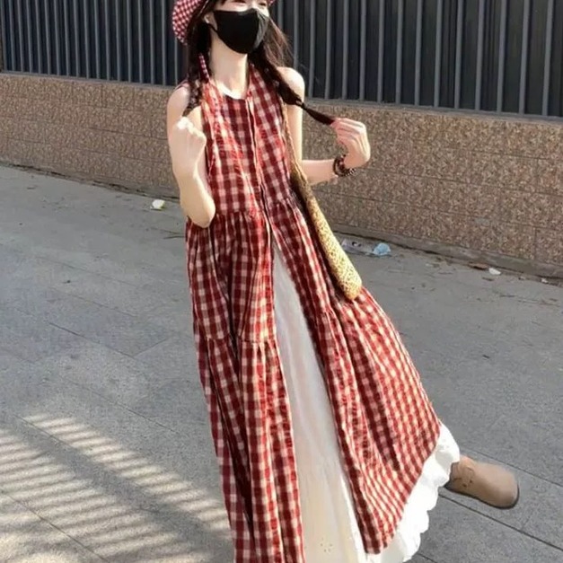 C419-Freeters紅色格紋背心連身洋裝+白色花朵造型滾邊長裙