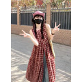 C419-Freeters紅色格紋背心連身洋裝+白色花朵造型滾邊長裙_6