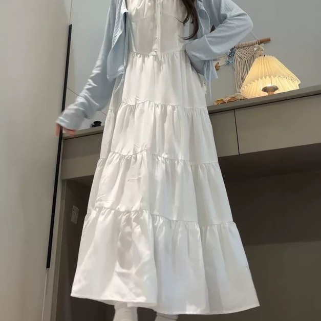 C420-Freeters寶寶藍溫柔甜美小外套+白色蕾絲滾邊吊帶蛋糕洋裝