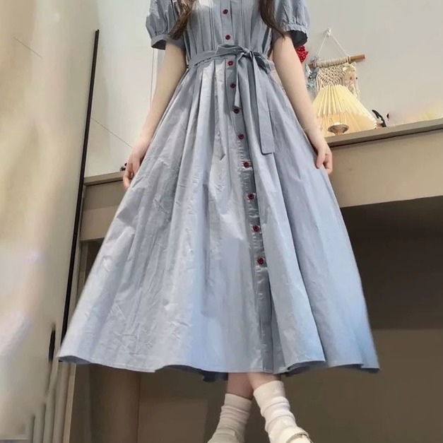 C421-Freeters翻領蓬蓬短袖綁帶排釦長洋裝