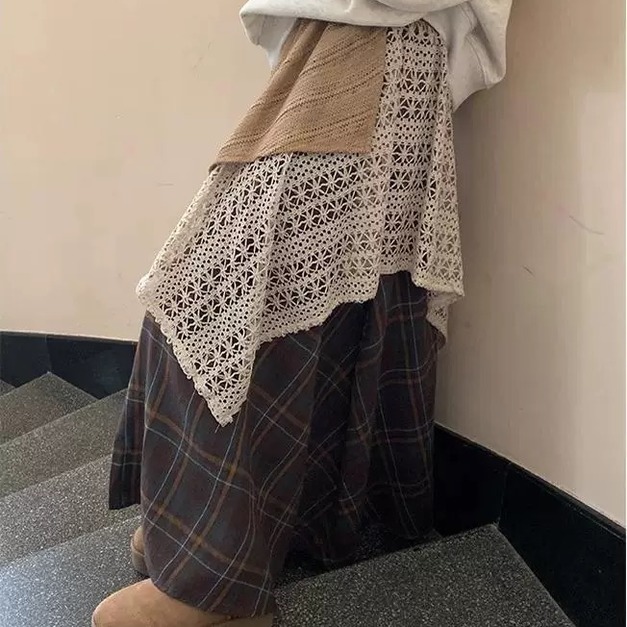 C422-Freeters復古造型拼接格紋長裙