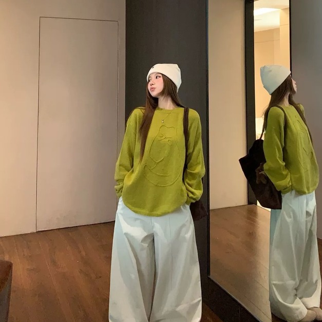 C437-Freeters芥末黃圓領立體圖案毛衣+淺灰色打折西裝氣球長褲 毛衣+褲子｜一套打包優惠價