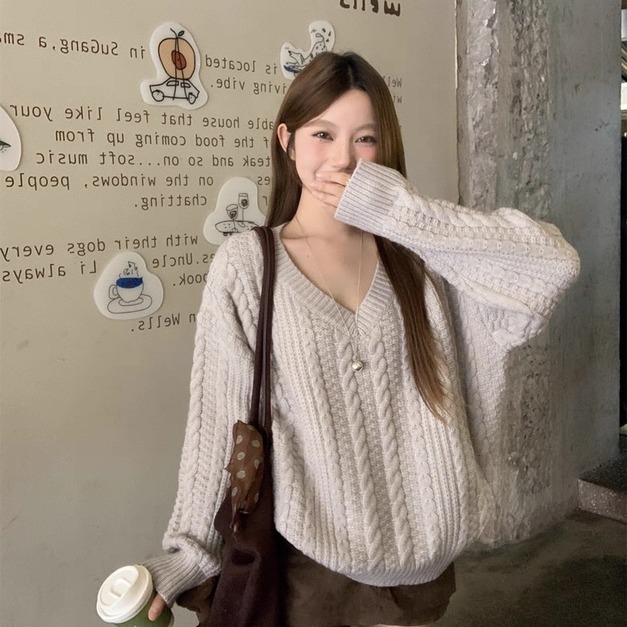 C438-Freeters慵懶V領麻花寬鬆針織毛衣