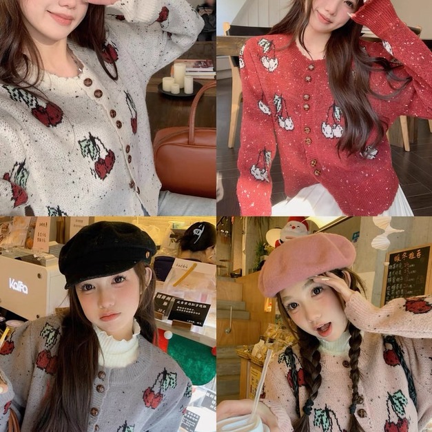 C442-Freeters櫻桃刺繡小香風排扣毛衣外套