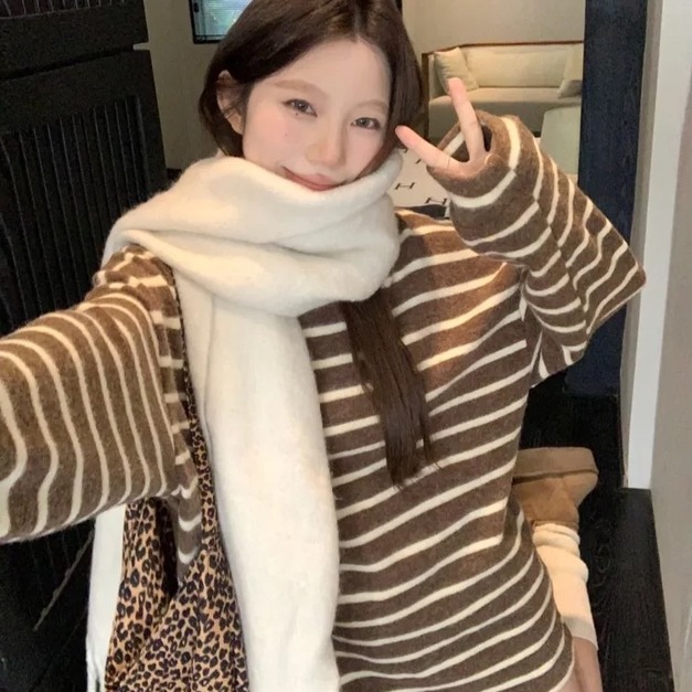 C441-Freeters棕色復古圓領條紋磨毛上衣