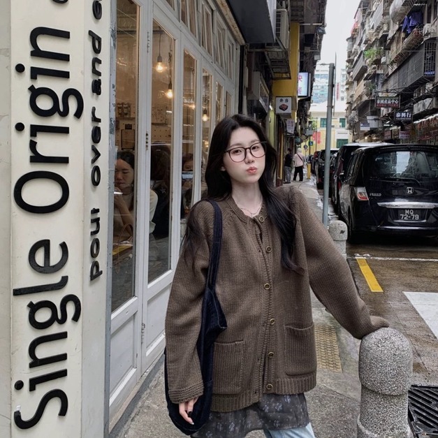 C444-Freeters橄欖綠棕針織排釦外套