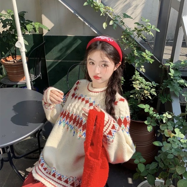 C446-Freeters彩色圖騰提花編織圓領毛衣