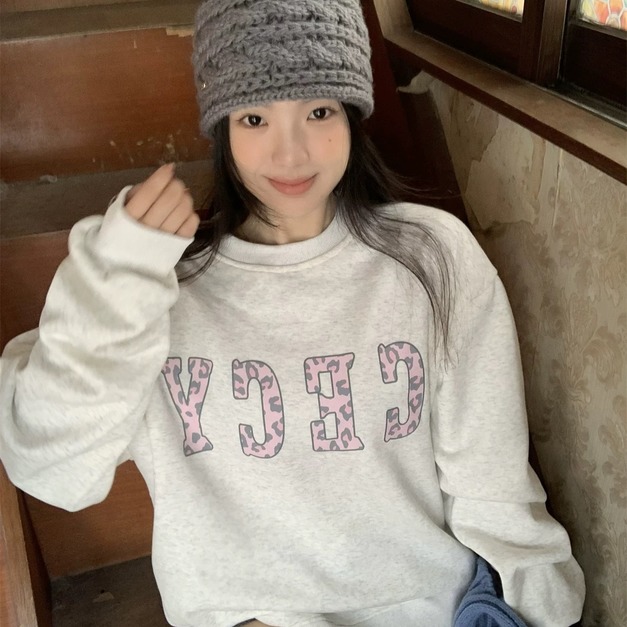 C448-Freeters淺花灰豹紋字母印花加絨上衣