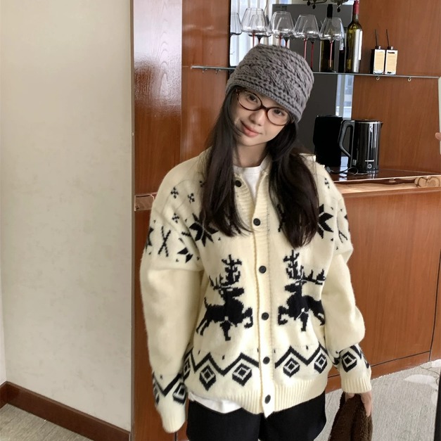 C449-Freeters聖誕麋鹿圖騰翻領毛衣