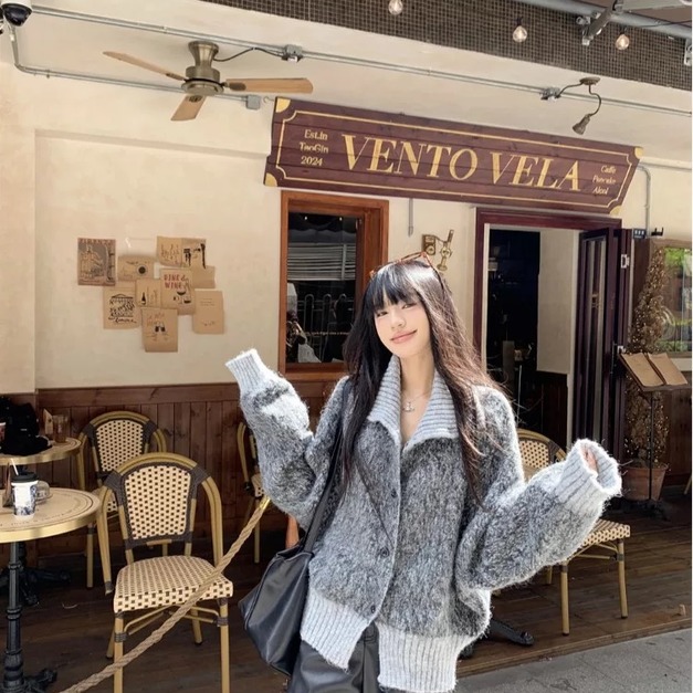 C451-Freeters翻領撞色混毛排釦毛衣外套