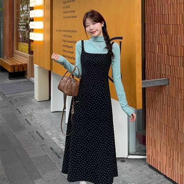 C450-Freeters高領藍綠色高級打底衣+黑色碎花腰身吊帶長洋裝 打底衣+長洋裝｜一套打包優惠價