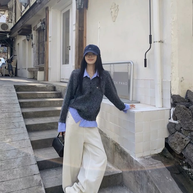 C452-Freeters翻領假兩件藍色襯衫灰色毛衣