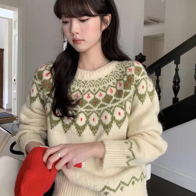 C456-Freeters橄欖綠堤花奶黃寬鬆毛衣