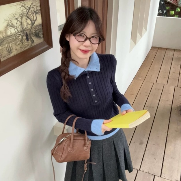 C458-Freeters學院風假兩件翻領襯衫毛衣