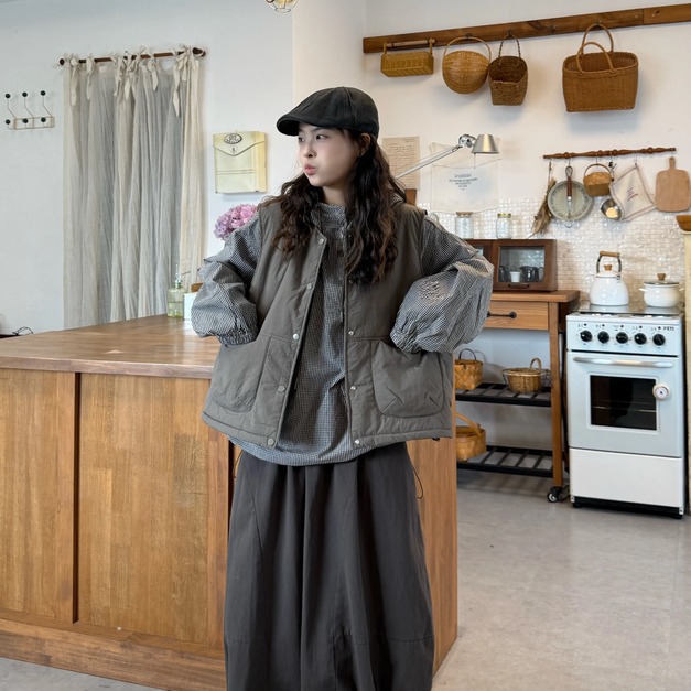 C461-Freeters小格子縮口連帽口袋上衣+深灰工裝大口袋背心+半縮口設計工裝寬褲 上衣+背心+寬褲｜一套打包優惠價