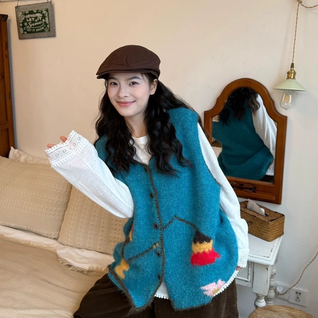 C464-Freeters康乃馨藍色滾邊針織背心+縫線滾邊棕色波浪長裙 背心+長裙｜一套打包優惠價