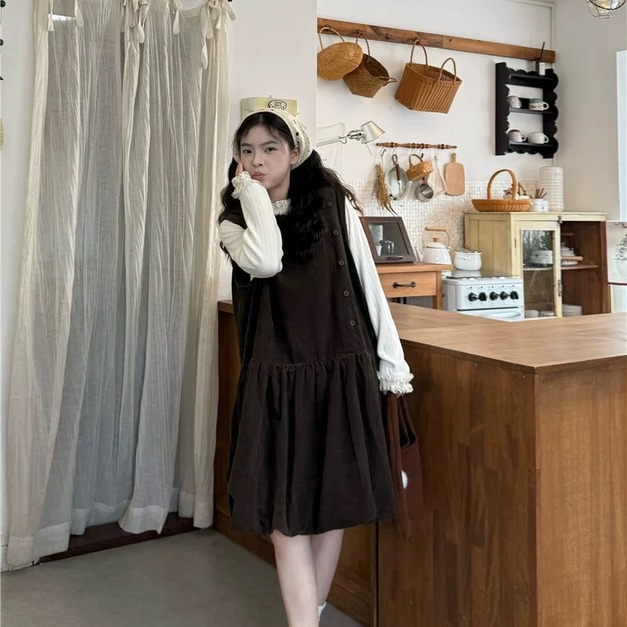 C466-Freeters蕾絲滾邊領坑條寬鬆上衣+側排扣燈芯絨花苞連身裙 上衣+洋裝｜一套打包優惠價