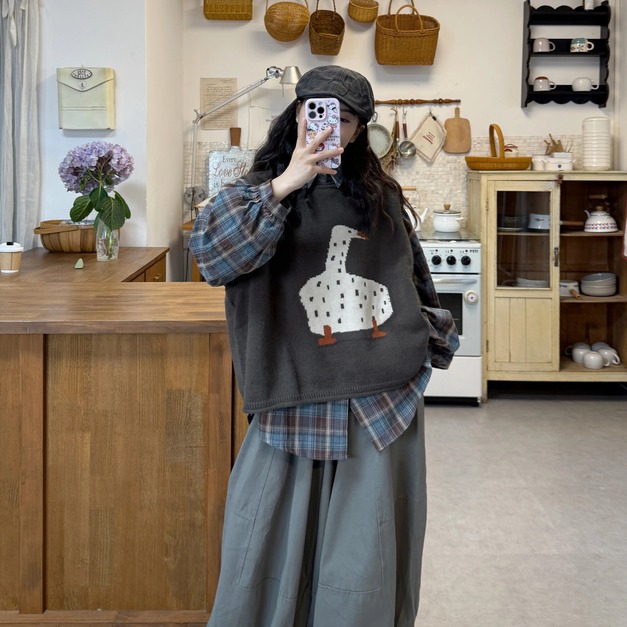 C467-Freeters藍莓口味格紋寬鬆襯衫+捲邊深灰點點鴨鴨背心+淺灰打折工裝縮口落地寬褲 襯衫+背心+長褲｜一套打包優惠價