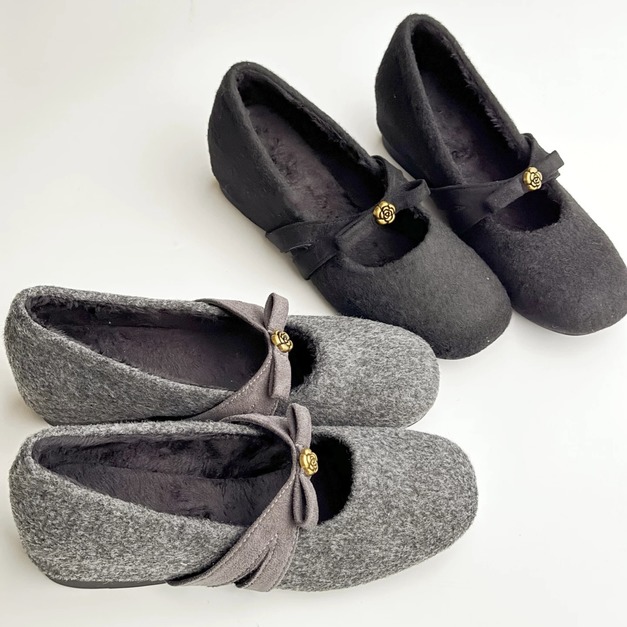 A590-Freeters加絨蝴蝶結金色玫瑰平底鞋 底高4cm