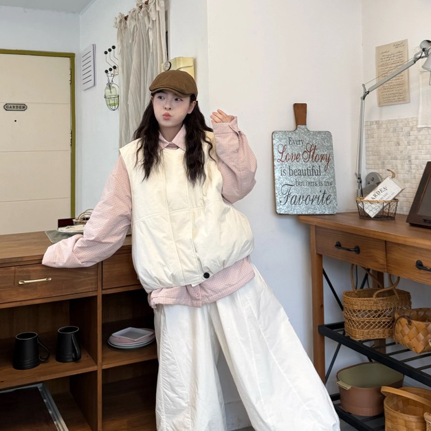 C468-Freeters草莓蛋糕大口袋厚磅襯衫+白色口袋鋪棉拉鏈背心+白色可調節縮口寬褲 襯衫+背心+長褲｜一套打包優惠價